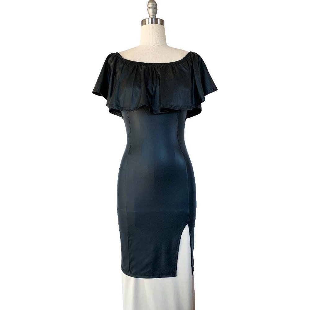 Black stretch faux leather sheath dress